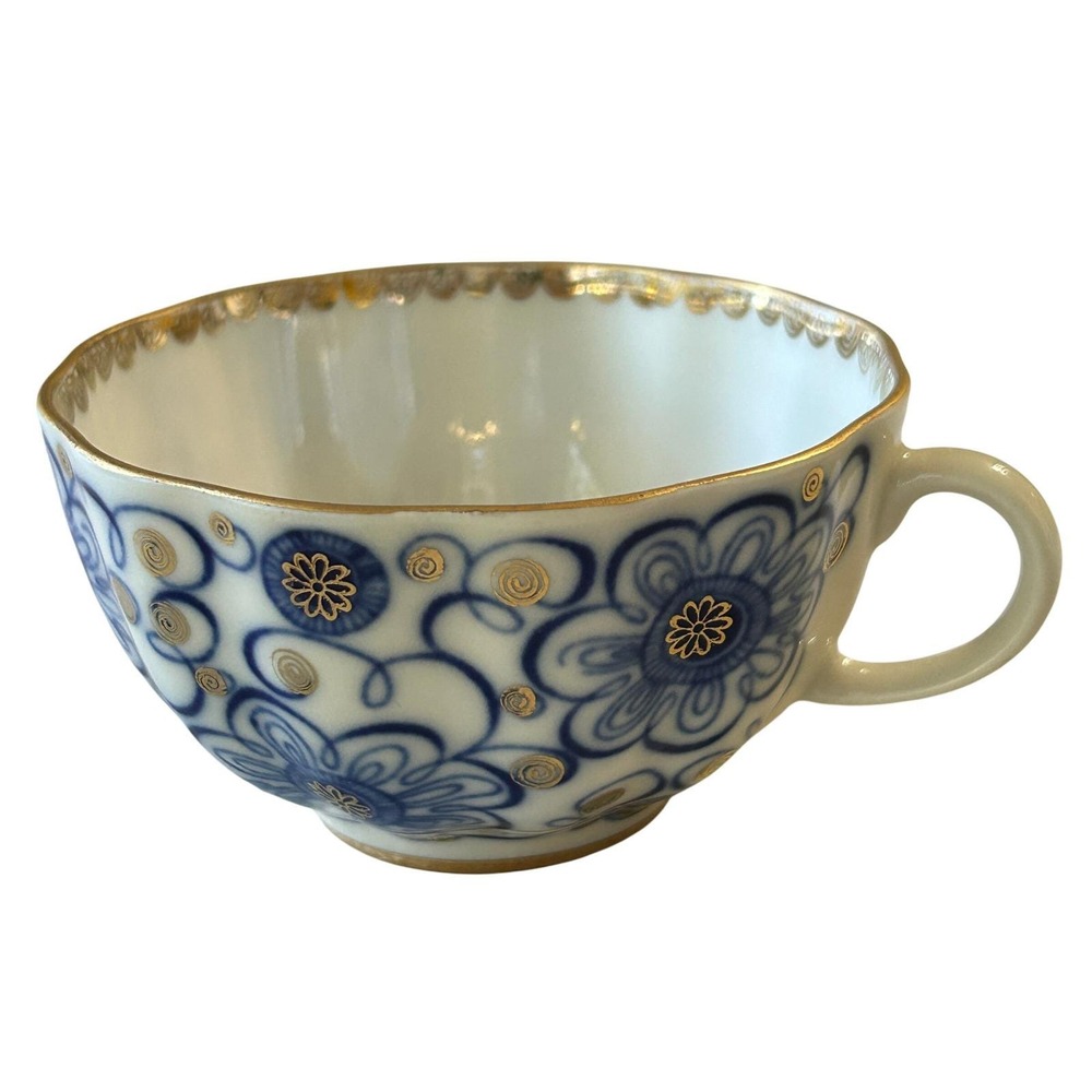 Lomonosov Tea Cup USSR Blue Gold Floral Cobalt Net Scalloped Porcelain